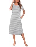 Litherday Nachthemd Damen Lang Nachtwäsche Streifen Nachtkleid aus 95% Baumwolle Loungewear Negligee Kurzarm Sleepshirt mit 2 Tasche, Hellgrau+weiß, M