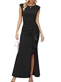 Missufe Rüsche Schlitz Meerjungfrau Bodycon Kleid Damen Maxi Abendkleider Flügelärmel Cocktail Ballkleid Hochzeit Festlich Kleid (Schwarz, groß)