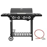 Royal Gourmet 4 Brenner Gas Grillwagen, 12 kW BBQ-Gasgrill mit Seitenablagen und Flascheregal, Campinggrill für Outdoor Garten Party Schwarz