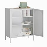 HOMSTEEL Sideboard Schrank, Metallschrank mit transluzenten PC Board Türen, Zwei Farbe Griffe, Liquor Schrank mit verstellbaren Regalen für Küche, Esszimmer, Wohnzimmer, Flur, Weiß