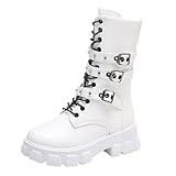 Flache Stiefeletten Rutschfeste Schuhe Damen Damen Frühling und Winter Dicke Punk Hübsche Stiefel Runde Zehen Gürtelschnalle Motorrad Mid Calf Stiefel Stiefel Lammfell GefüTtert Boots (White, 37)