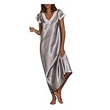 HFStorry Damen Negligee Kurz Nachthemd ÄRmellos Unterkleid Nachtkleid Mit Spitzen Sexy Kurzarm V-Ausschnitt Homewear Pyjamas Langes Kleid Nachthemden NachtwäSche Dessous Christmas