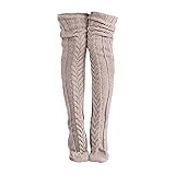 LZPCarra Damen-Stiefelsocken mit Zopfmuster, extra lange, oberschenkelhohe Winterstrümpfe über dem Knie, Beinstulpen Seidene Strümpfe (Khaki, One Size)