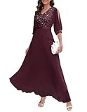 Wedtrend Abendkleid Chiffonkleid Damen Elegant V-Ausschnitt Kleider Damen Burgund Kleid Spitzenkleid Festlich Chiffon Kleid WT0317 Burgundy L