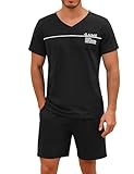 Marvmys Herren Schlafanzug Kurz Pyjama Baumwolle V-Ausschnitt Nightwear Nachtwäsche Pyjamaset Kurzarm T-Shirt Schlafanzughose Shorty Schwarz L