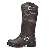 IF Fashion Damen Stiefel Wadenhoch Biker Motorradstiefel mit Schnallen Amphibien 7690, 883 Dunkelbraun, 39 EU