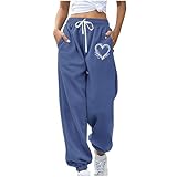 SMUXP Bequeme Damen-Jogginghose mit Kordelzug in der Taille, weite Hose, trendiger Herzdruck, hohe Taille, Sweatpants mit Taschen, 2025 Happy New Year, Freitag, Schwarz, blau, L