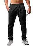 Runcati Herren Leinenhose Einfarbiges Lang Leicht Sommerhose Loose Fit Freizeithose mit Kordelzug für Urlaub Strand Schwarz L