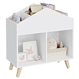 Lestarain Kinderregal Kinderzimmerregal Hausform, Spielzeugregal mit 6 Fächern, Kinder Bücherregal Montessori, aus MDF Massivholzbeinen, 60x64,5x30 cm, Weiß