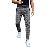 Generic Herren Chino Hose Kariert Stoffhose Slim Fit Business Chinohose Straight Bein Schlank Beiläufige Hosen Stretch Streetwear Freizeithose, Gray, L