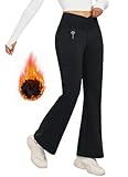 BALEAF Thermo Hose Damen Thermo Leggings mit Taschen Wanderhose Wasserabweisend Bootcut Leggings Schlaghose Warm Winterhose Schwarz L