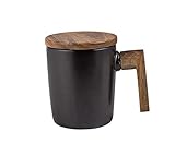 Atfung Keramiktasse mit Holzdeckel und Holzgriff, Kaffeebecher, Einfache Kaffeetasse, Porzellan Milchbecher,Geschenk-Tasse, 350ml (Schwarz)