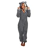 HFStorry Jumpsuit Damen, Overall Onesie Damen, Fleece Schlafoverall Einteiler Teenager MäDchen Damen Langarm Kapuzenoverall Pyjama LäSsig Winter Warm Rompe NachtwäSche Damen Mantel