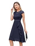 Odizli Cocktailkleid Damen Elegant Kurzarm Spitze Rüschen Chiffonkleid Hochzeitsgast Festlich Hochzeit Kurz Abendkleid Ballkleid Konfirmationskleider Abschlusskleid Jugendweihe Kleider Dunkelblau L