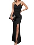 Missufe Abendkleider Partykleid Spaghettiträger Ärmellos Wickelkleid Damen Schlitz Cocktail Maxi Lang Hochzeit Ballkleid (Schwarz, groß)