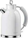 Wasserkocher Edelstahl, ASCOT Elektrischer Wasserkessel, 2200W, 1,6 liter, Retro Design Teekocher, BPA frei, Trockengehschutz, automatische Abschaltung (Weiß)