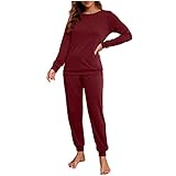 Generisch Pyjama Set Damen Lang Schlafanzug, Warm Rundhals Ausschnitt Hausanzug Zweiteiliger 2-Set, Lässige Nachtwäsche Frauen Weiches Hausanzughose Und Langarm Oberteile Einfarbig Loungewear S-XL