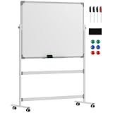 HOMCOM Magnetisches Whiteboard 120 x 90 cm Doppelseitiges Magnettafel mit Ständer, Rollen, 6 Marker & 1 Radierschwamm, 360° schwenkbare, 3-stufig verstellbare Magnetboard für Büro, Zuhause