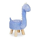 Relaxdays Tierhocker Dino für Kinder, Plüschbezug, rund, Sitzgelegenheit Kinderzimmer, Kinderhocker Tiermotiv, blau, 57 x 28 x 57 cm