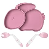 Vicloon Baby Teller, Silikon Rutschfester Baby Tischset mit Biegsamen Löffel+Gabel, BPA-Frei, Kinderteller Abwaschbar für Spülmaschine, Kinderteller für Baby Kleinkind und Kinder (Rosa Kaninchen)