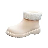 Generico Gummistiefel für Damen, Regen, bequem, wasserdicht, flach, bunt, Chelsea Boots mit Fell, Ankle Boots, strapazierfähig, gefüttert, Regenstiefel, Damen, rutschfest, Rain Boots, beige, 37 EU