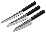 Küchen-Messer-Set YAMATO. 3 japanische Koch-Messer SANTOKU, YANAGIBA, DEBA. Handgeschmiedet, 3 Lagen. Sehr leicht, sehr scharf. Pflegeleicht mit Holz-Griff laminiert. Geschenk-Verpackung