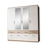 Stella Trading BOX Eleganter Kleiderschrank mit Spiegel & Schubladen - Geräumiger Drehtürenschrank in Sonoma Eiche Optik, Weiß - 180 x 198 x 55 cm (B/H/T)