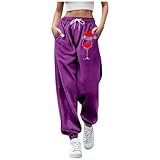 Damen-Jogginghose, bedruckt, Weihnachtshose, Sporthose, hohe Taille, Weihnachtshose, mit Taschen, Weihnachtshose, Damen, Arbeit, lässig, Winterhose, warm, elastischer Bund, #04-Violett, Large