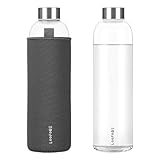 LOOFORE Glasflasche 1 liter / 1l, Wasserflasche Glas 1000ml inkl. Neoprenhülle, BPA freie, Trinkflasche Spülmaschinenfeste, Water Bottle für kohlensäurehaltige Getränke