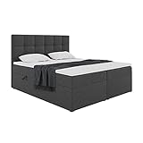 MEBLINI Boxspringbett mit Bettkasten - Gepolstert Doppelbett mit Matratze und Topper - Polsterbett mit Stauraum - Bett mit Kopfteil - Stauraumbett - NILS - 180x200 - H3/Dunkelgrau Webstoff