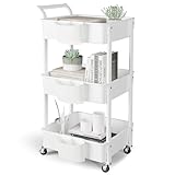 HBTower Küchenwagen 3 Etagen, Servierwagen Utility Cart mit Rollen, Wagen mit 3 Rollregal, Mehrzweckwagen für Küche Make-up Badezimmer Büro, Weiß