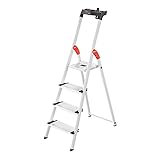 Hailo Stehleiter ComfortLine, 4 XXL-Stufen bis 150 kg, kleine Leiter aus Aluminium mit Ablage & tiefer Standfläche, klappbare Aluleiter rostfrei, Silber, Aktuelles Modell L80, Made in Germany