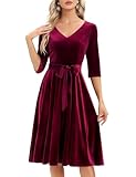 Bbonlinedress Samtkleid Damen Langarm Midilang Abendkleid elegant für Hochzeit Winter Festliche Kleider Vintage Rockabilly Cocktailkleid Party Weihnachtskleid Burgundy L