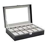 Ohuhu Uhrenbox mit 12 Fächern, Watch Box Uhren Aufbewahrungsbox mit Glasdeckel, Uhrenkasten aus PU Leder und Samt Innenfutter, Geschenkidee für Geburtstag Vatertag Weihnachten