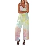 STKOOBQ Frauen Frühling und Sommer Dünne Hosenträger Jumpsuit Einfache Mode Tie Dye Bunte Druck Overall Frauen Overall, gelb, S