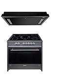 GURARI Herdset Elektro-Standherd GCH E 912 BL + GCH C 343 120 BL PRIME, Backofen Set 90 cm, Schwarz, Range Coocker, 121 L + Dunstabzugshaube, Deckenhaube 120 cm 1000m³/h, Schwarz Glas