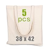 5 STÜCK Stoffbeutel Unbedruckt - Stofftasche Zum Bemalen - Baumwolltasche B38 x H42 - Tragetasche Canvas 140 g/m2 Wiederverwendbare Jutebeutel - Einkaufstasche Lange Henkel 70cm - Einkaufsbeutel