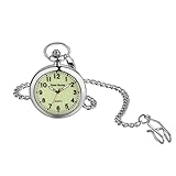 JewelryWe Taschenuhr Herren Damen Klassische Grün Leuchtendes Zifferblatt Analog Quarz Uhr mit Halskette Taille Kette Silber Pocket Watch Geschenk