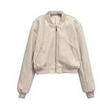 Mkjuuior Damen Stehkragen Reißverschluss Jacke Tasche Freizeitjacke Kurz Kunstleder Jacke Mantel, beige, M