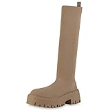 VAN HILL Damen Plateaustiefel Stiefel Blockabsatz Schuhe Strick Plateauschuhe Profilsohle Stoffschuhe Plateau Vorne Boots 208749 Khaki 39