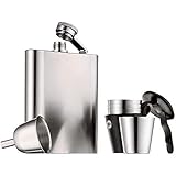 WMF Manhattan Flachmann Edelstahl 6-teilig, Flachmann 200ml, Flask 20cl, Trichter, Stamper im Lederetui, Cromargan Edelstahl mattiert, Geschenkidee