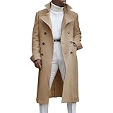 YJWUK Zweireihiger Langer Trenchcoat für Herren Winter Windbreaker Mantel mit Revers Lässige Schmal Geschnittene Business Erbsenjacke(Khaki,M)