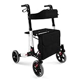 Jago® Rollator - 6-fach höhenverstellbar, Sitz mit Rückenlehne, 3-fach Faltbar, Leicht, 4 Räder, Bremsen, Einkaufstasche, Stockhalter, Farbwahl - Gehhilfe, Gehwagen, Leichtgewichtrollator