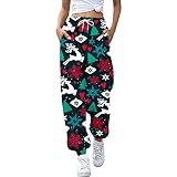 Jogginghose für Damen, Weihnachtsdruck, Sporthose, hohe Taille, Weihnachtshose, für Damen, Arbeit, lässig, Winterhose, warm, mit Taschen, Weihnachtshose, Damen, elastischer Bund, #01-dark grün, Large