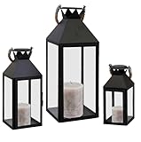 Mojawo® 3er Set XXL Gartenlaterne Metall Windlicht Laternen Kerzenhalter Set Höhe 25/40/51cm mit Seilgriff Schwarz