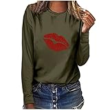 Damen Pullover Langarmshirt Damen Rote Lippen Bedruckt Rundhalsshirt Bluse Shirt Langarm Casual Tunika Oberteile Tops