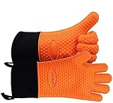 GEEKHOM Grillhandschuhe, Grillhandschuhe, hitzebeständige Ofenhandschuhe, Küche, Silikon-Ofenhandschuhe, lang, wasserdicht, rutschfest, Topflappen für Grillen, Kochen, Backen (Orange, L/XL)