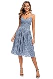 Atnlewhi Damen Vintage ärmellosen V-Ausschnitt A-Linie Kleid Blumen Knielang Spitzenkleid Brautjungfer Elegante Cocktailkleider - Hellblau - S