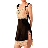 HFStorry Damen Negligee Kurz Nachthemd ÄRmellos Unterkleid Nachtkleid Mit Spitzen Sexy Imitationsseide, Sexy, RüCkenfrei, VerfüHrerisch, Mitternacht, HeißE MäDchen, Sexy Nachthemd Brautjungfer