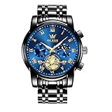 OLEVS Schwarz Herrenuhr Metallarmband Analog Uhr für Herren Wasserdicht Leuchtend Herren Armbanduhr Edelstahl Blau Zifferblatt Mondphase Römische Zahlen Klassische Elegante Geschenke für Männer